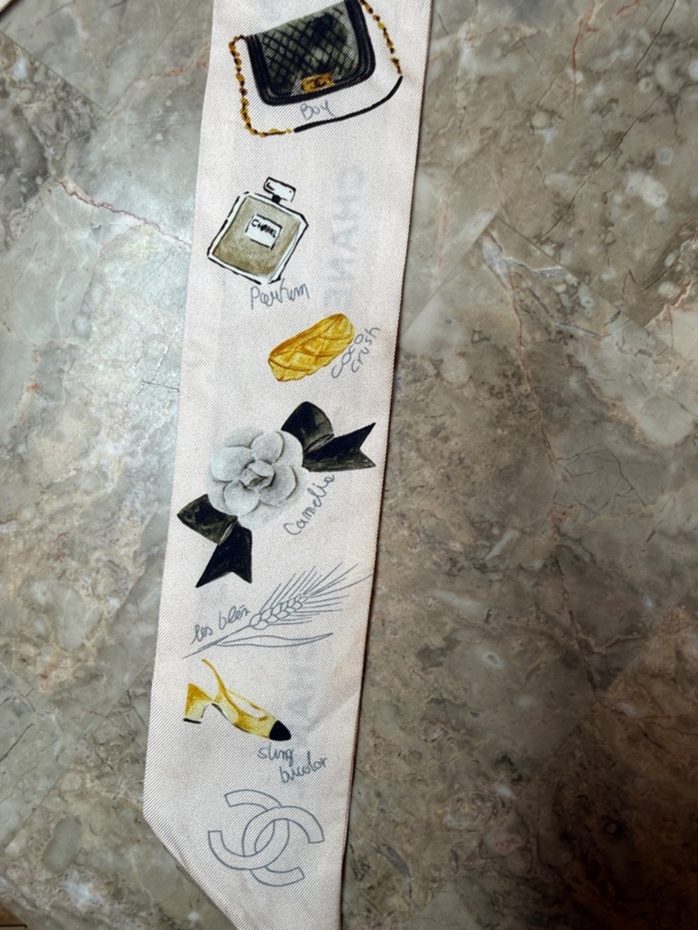 CHANEL Cream and Yellow Logo-Print Silk Twilly - Picture 7 of 12